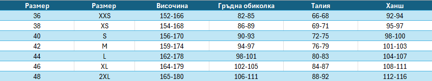 Size chart for product 1475